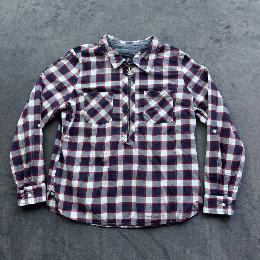Tommy Hilfiger Womens Red White Blue Plaid Half Zip Roll Tab Sleeve Shirt Large
